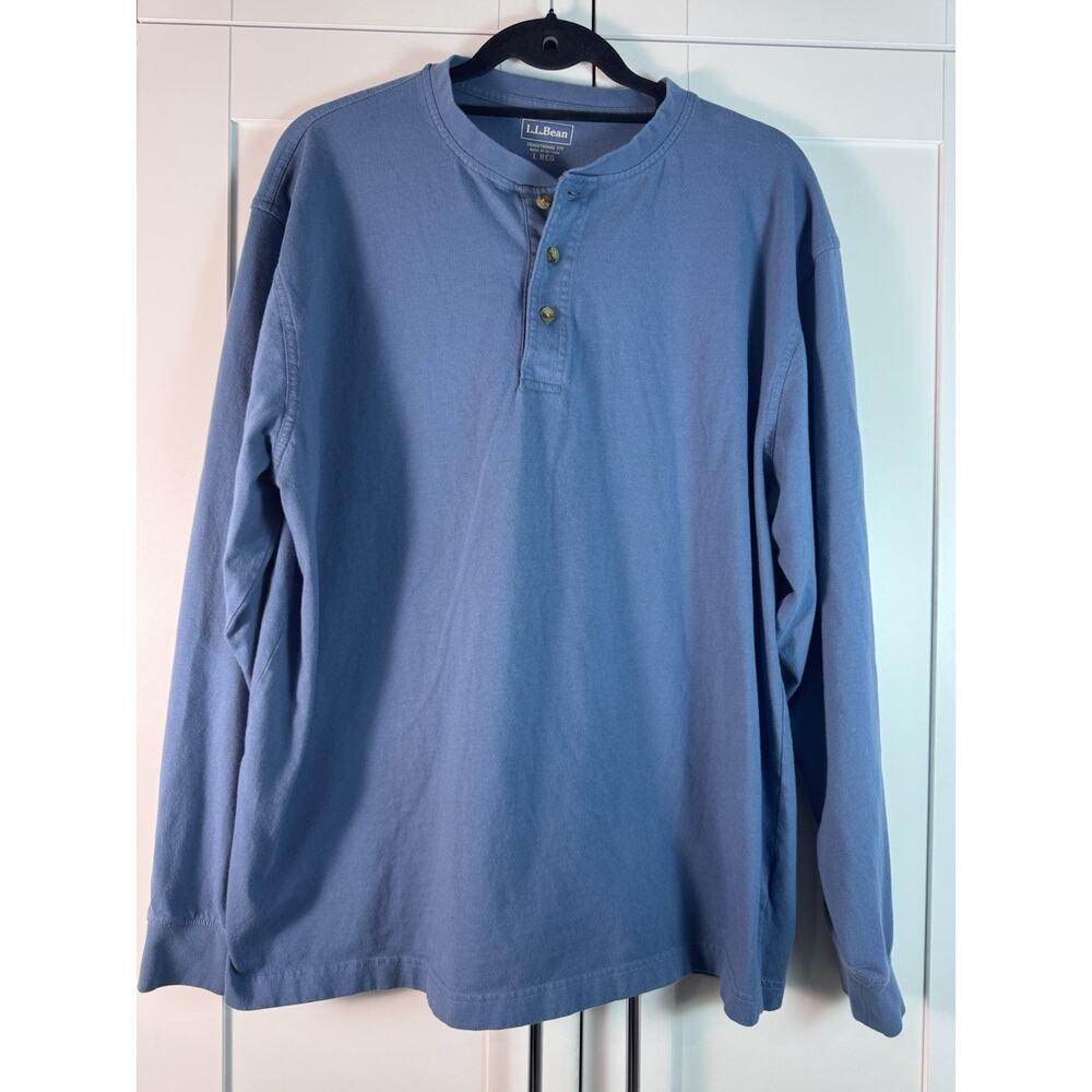 L.L. Bean Blue Henley Men's Long Sleeve Cotton Traditional Fit T-Shirt Size L